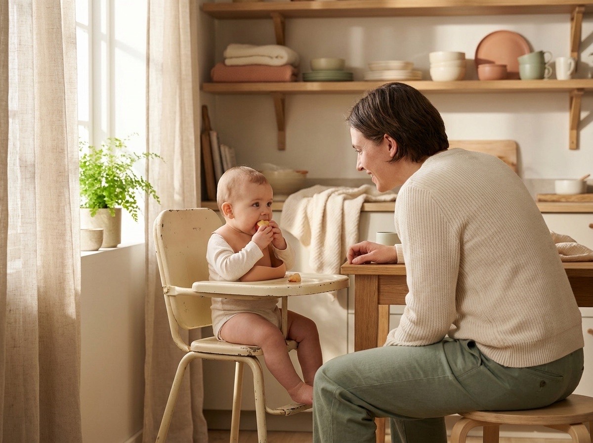Calm parent watching baby eat