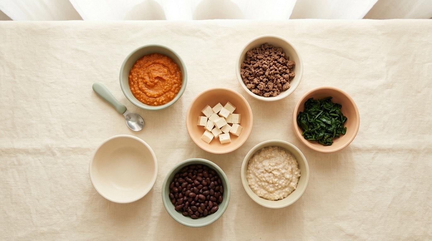 Iron-rich baby foods in pastel bowls