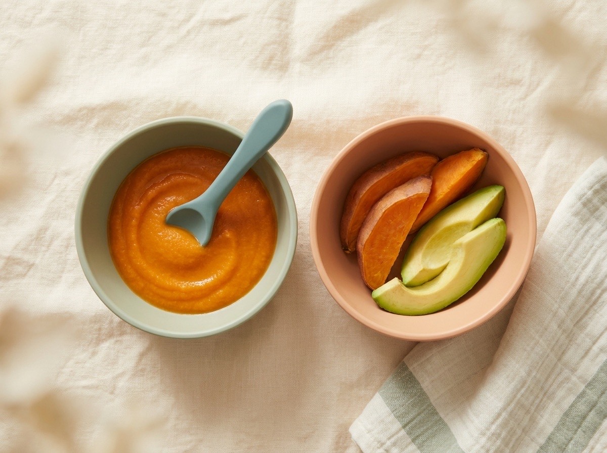 Purée bowl next to finger foods bowl
