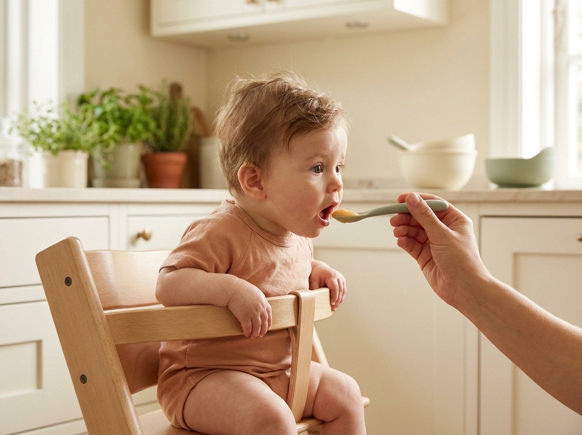 Baby leaning toward a spoon with interest