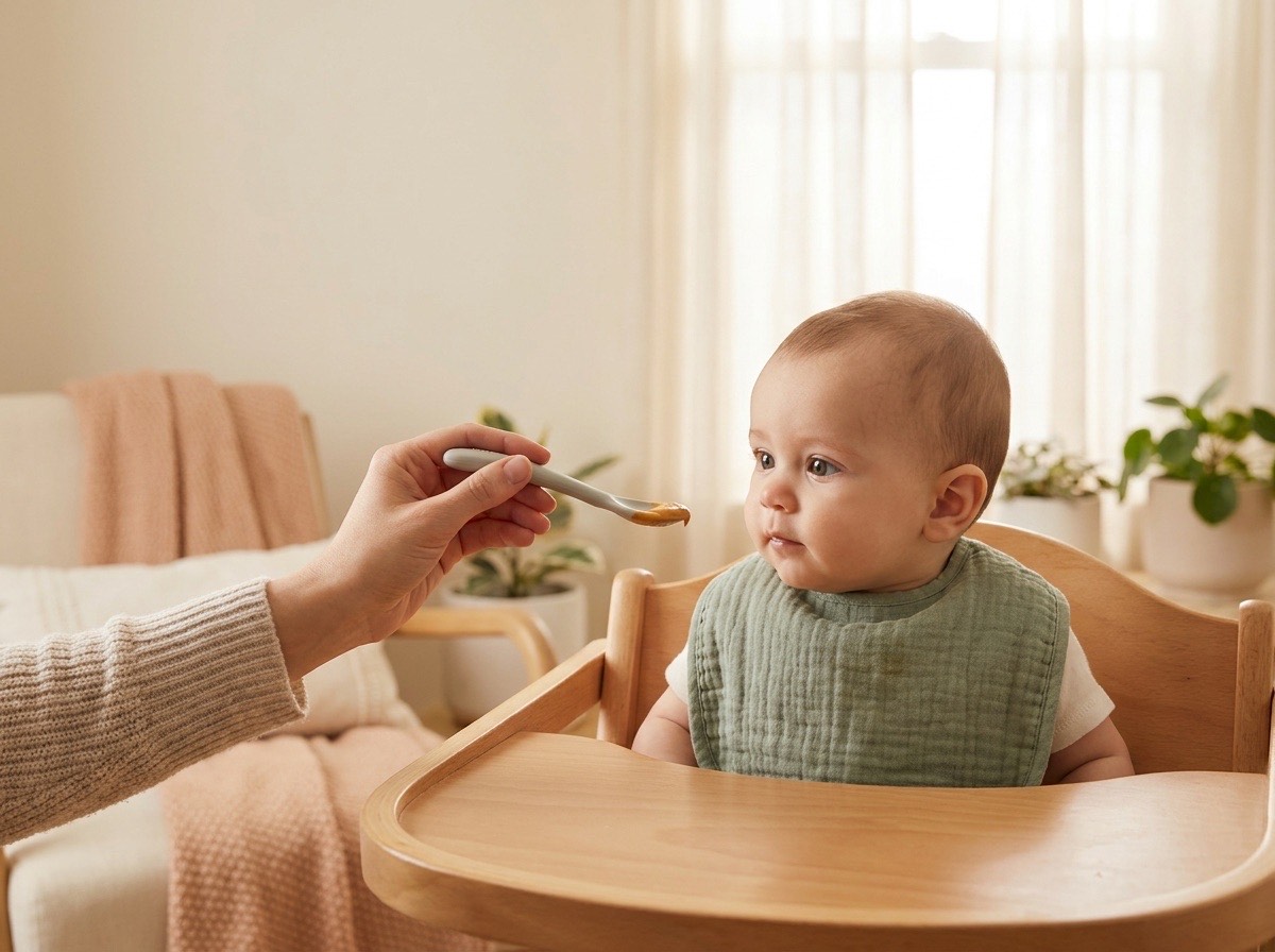 Parent offering baby a small spoon with peanut butter
