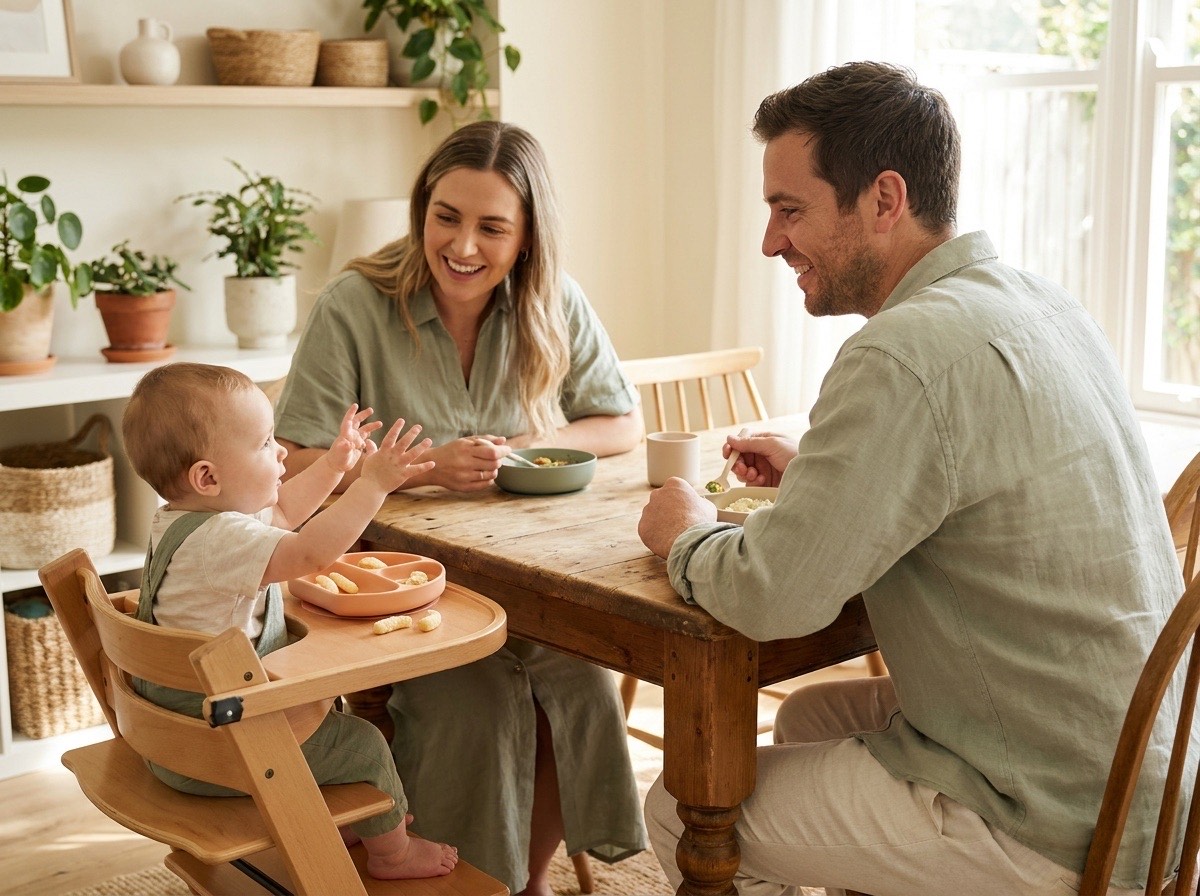 Parents sharing a meal with their baby at the family table