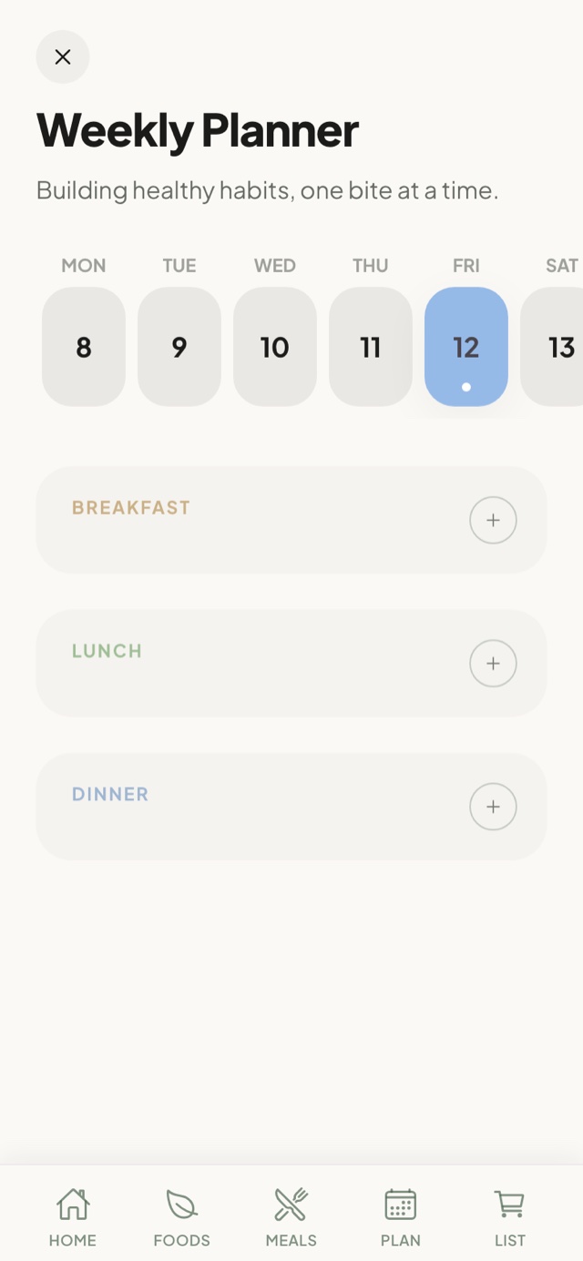 Weekly meal planner screen in the Yummy Starts app